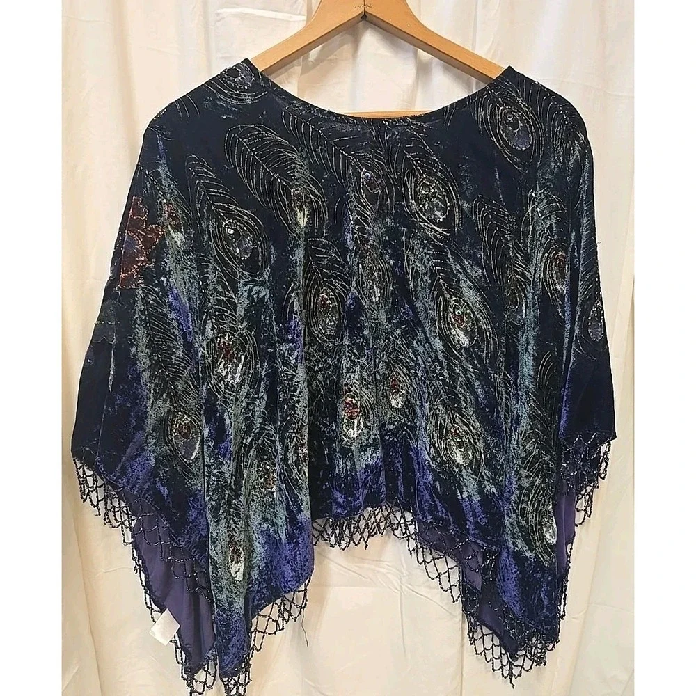 Vtg Ania A Peacock Velvet Beaded Boho Top‎ OS Festival Artwear Handkerchief Hem